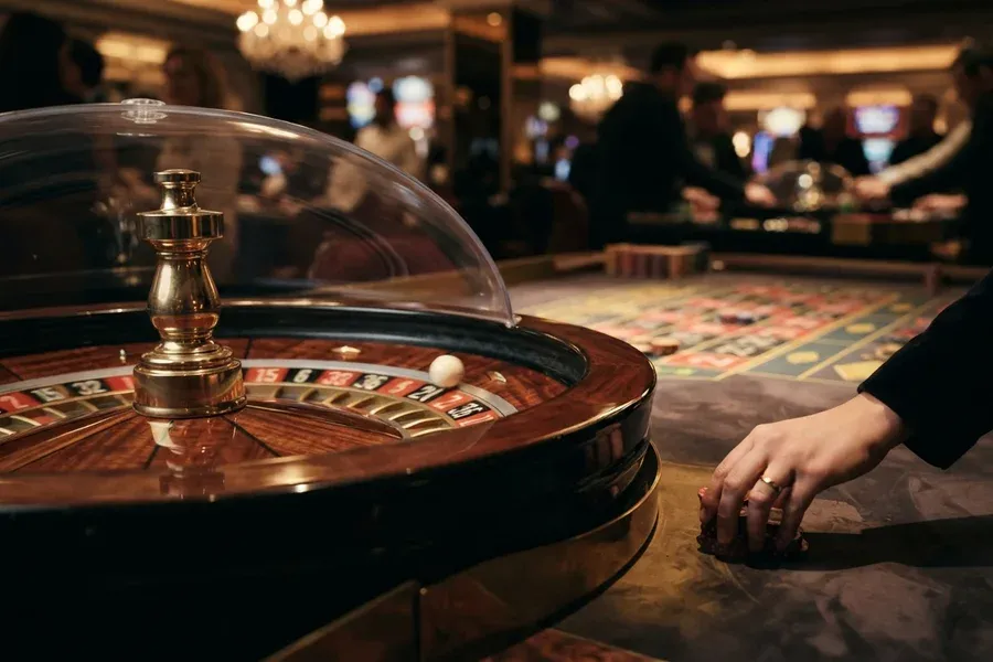 En roulettekugle på et roulettehjul ved et casinobord.