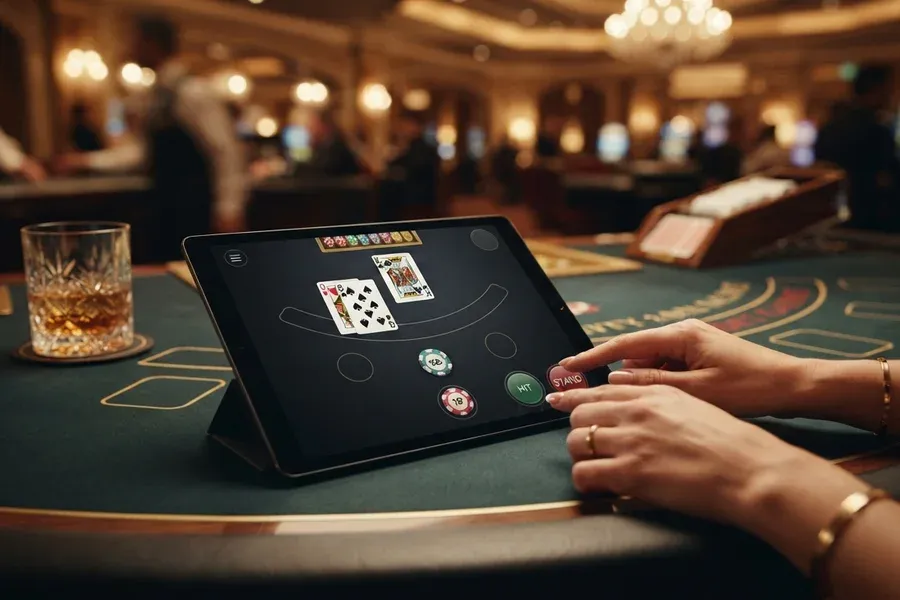 Hænder trykker på en tablet med spillekort og runde knapper ved et casinobord.