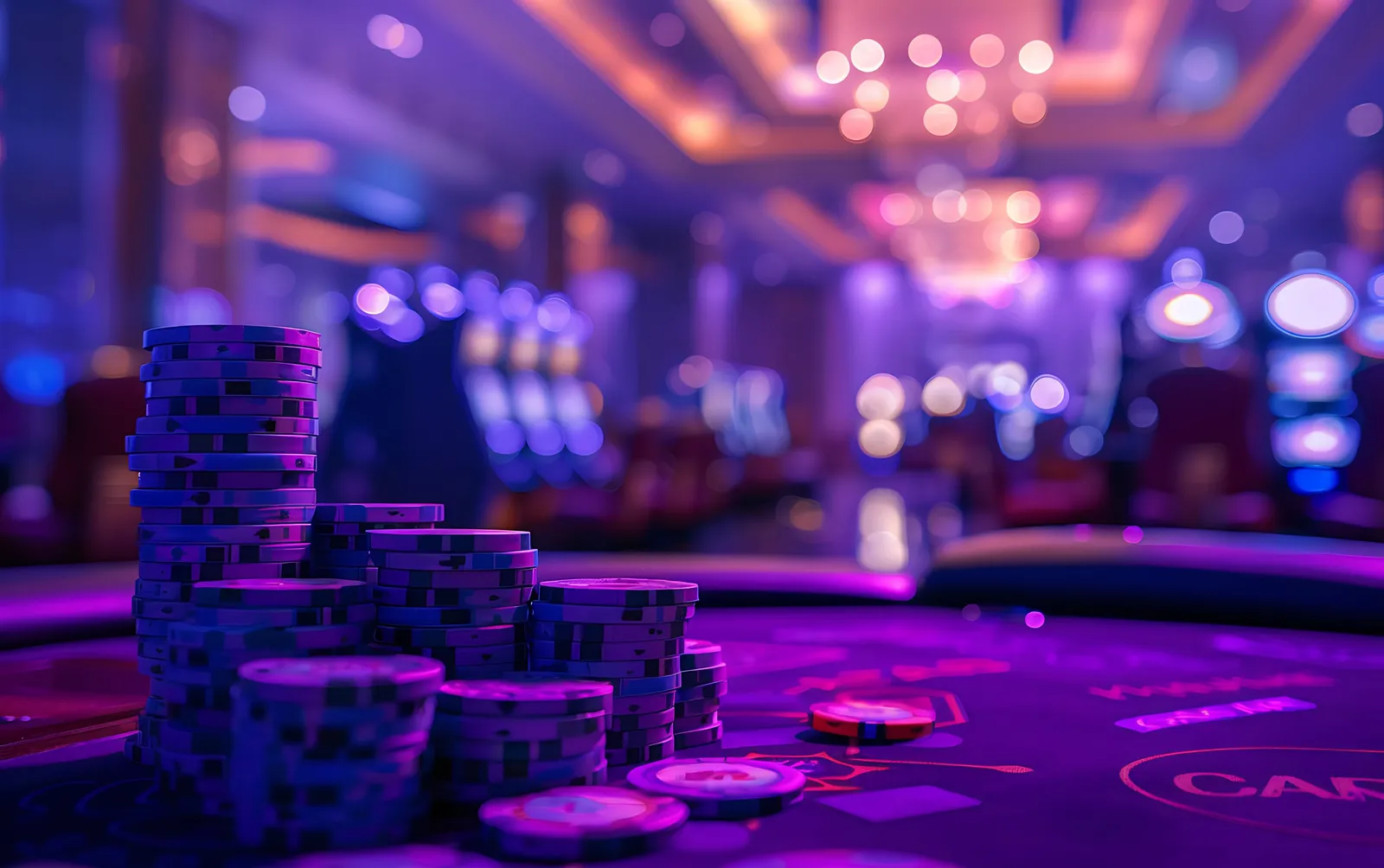 Pokerchips på et spillebord under lilla og pink lys.